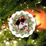 Merry Christmas Photo Wreath Holly Berries Tree Decoration Card<br><div class="desc">This design features Merry Christmas with merry Christmas holiday wreath with a modern photo family 2 two picture layout, simple elegant family minimalist, rustic green typography script red, a trendy botanical pine nature leaves, stylish trendy brush script font, simple watercolor greenery branches, Christmas holiday red holly berries, green winter foliage...</div>
