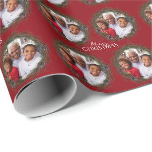 Merry Christmas Photo Wreath Red Christmas Wrapping Paper