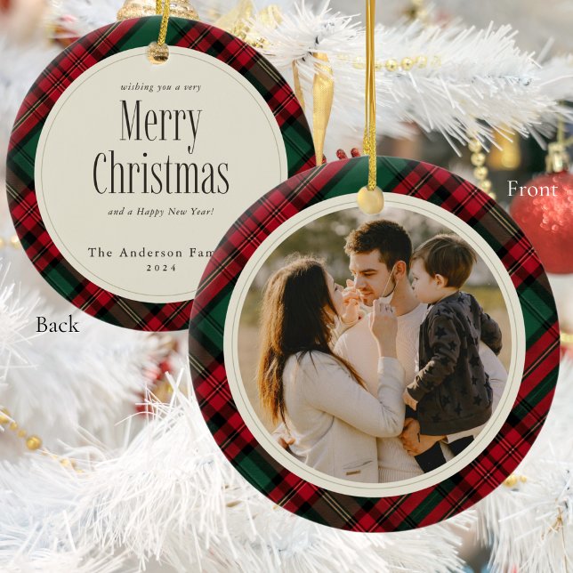 Merry Christmas Photos Elegant Green Red Plaid  Ceramic Tree Decoration (Merry Christmas Photos Elegant Green Red Plaid Ceramic Ornament)