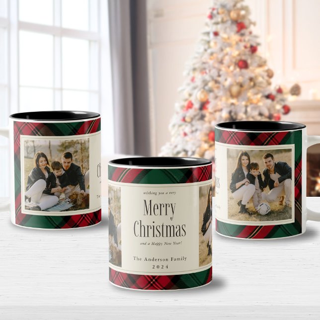 Merry Christmas Photos Elegant Green Red Plaid  Two-Tone Coffee Mug (Merry Christmas Photos Elegant Green Red Plaid Two-Tone Coffee Mug
)