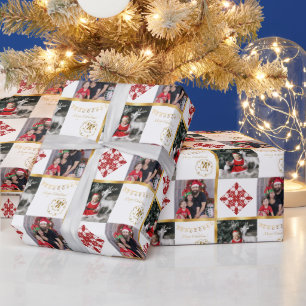 Merry Christmas - photos gold and red ornaments Wrapping Paper