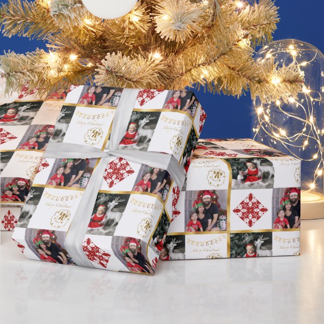 Merry Christmas - photos gold and red ornaments Wrapping Paper (Holidays)