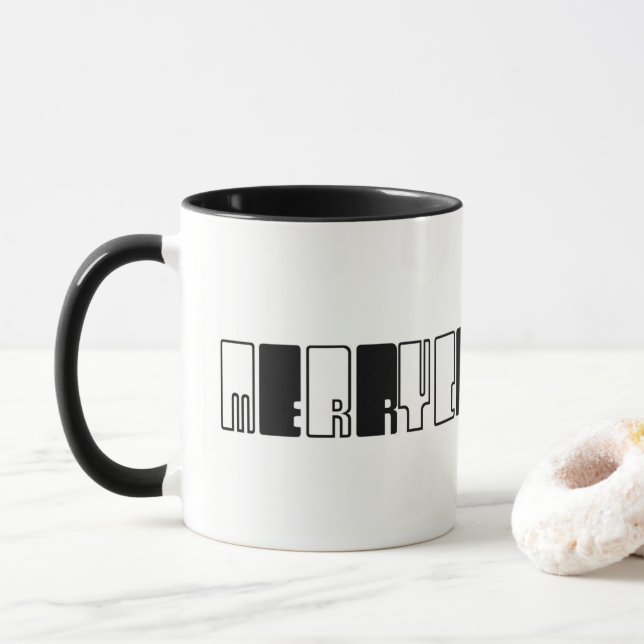 Merry Christmas Piano Keys Typography Black White Mug (With Donut)