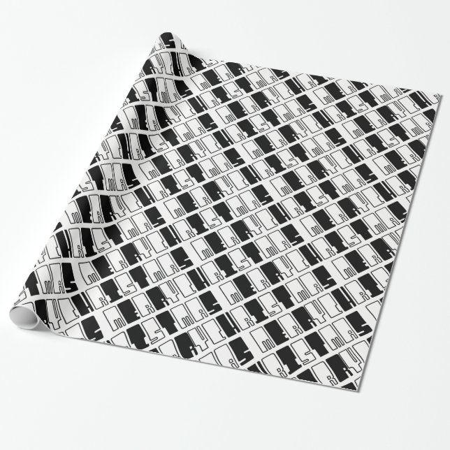Merry Christmas Piano Keys Typography Black White Wrapping Paper (Unrolled)