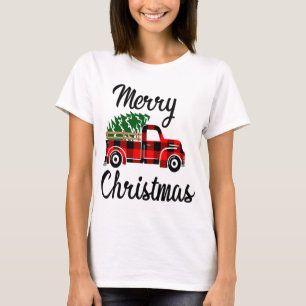 Merry Christmas Pickup Truck Country Tree Red Buff T-Shirt