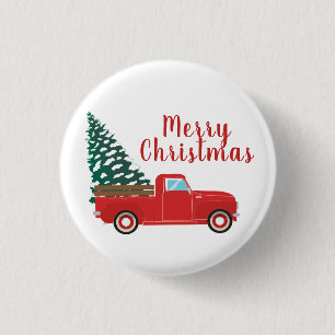 Merry Christmas Pickup Truck With Tree Red 3 Cm Round Badge