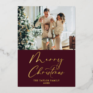 Merry Christmas Picture Burgundy Red with Gold Foil Holiday Card