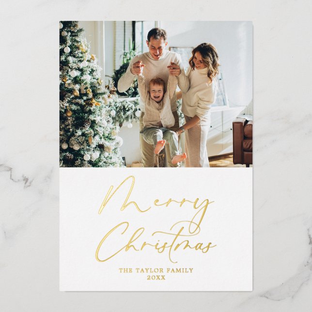 Merry Christmas Picture Gold Foil Christmas Card (Front)
