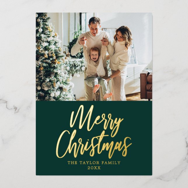 Merry Christmas Picture Green Modern Gold Foil Foil Holiday Card (Front)