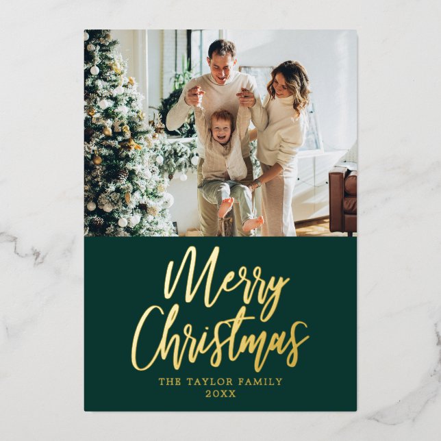 Merry Christmas Picture Green Modern Gold Foil Holiday Card (Front)