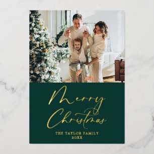 Merry Christmas Picture Green with Gold Foil Holiday Card