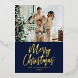Merry Christmas Picture Navy Blue Modern Gold Foil Holiday Card<br><div class="desc">Celebrate this Christmas season with this beautiful and elegant foil card! Perfect for your Christmas card this year,  you can customise your signature (Family name and date) as well as the message on the back.</div>