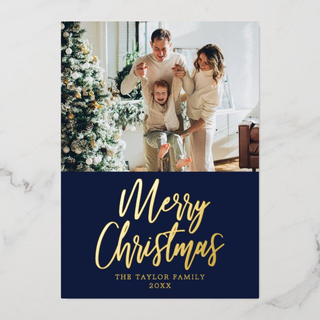 Merry Christmas Picture Navy Blue Modern Gold Foil Holiday Card (Front)