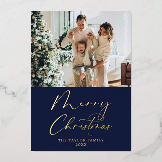 Merry Christmas Picture Navy Blue with Gold Foil Holiday Card (Front)
