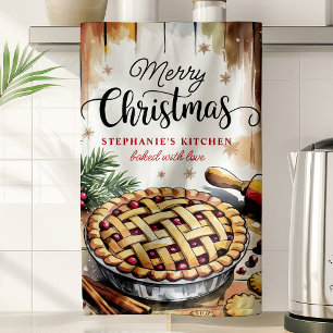 Merry Christmas Pie Baking Personalised Tea Towel