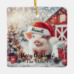 Merry Christmas Pig Ceramic Ornament