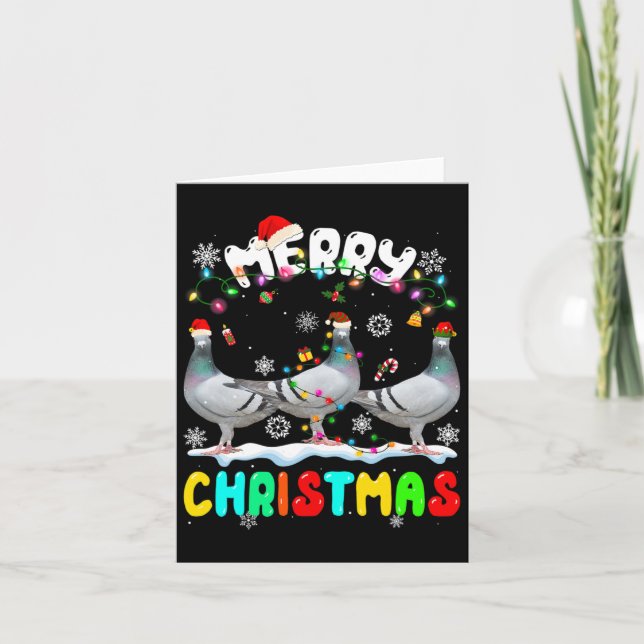 Merry Christmas Pigeon Lover Santa Hat Xmas Lights Card (Front)