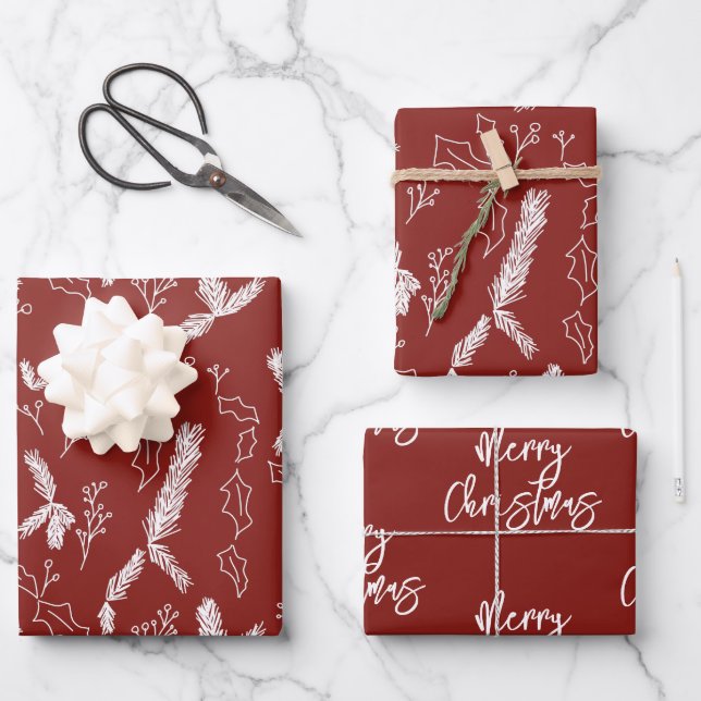 Merry Christmas Pine Berries Pattern Red Wrapping  Wrapping Paper Sheet (Front)