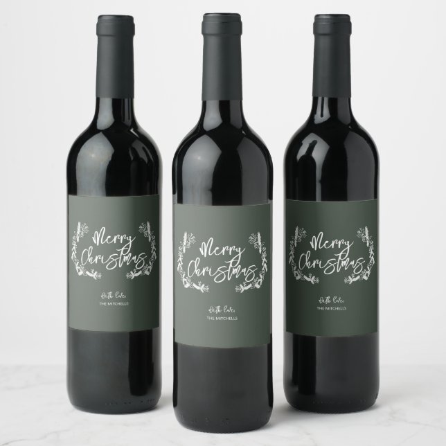 Merry Christmas Pine Berry Leaves Green Wine Label (Bottles)
