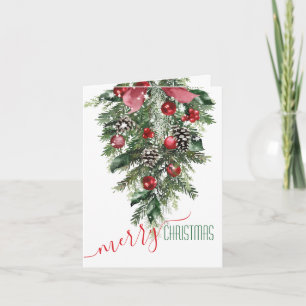 Merry Christmas Pine Bough Red Ornaments Cones Holiday Card