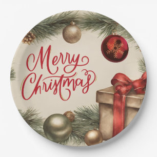 Merry Christmas Pine Branch with Ornaments Paper Plate