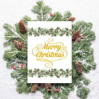 Merry Christmas Pine Branches Pinecones Holly Holiday Card