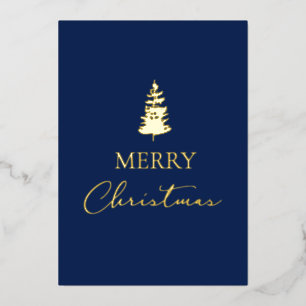 Merry Christmas pine Company name Blue Gold  Foil Holiday Card