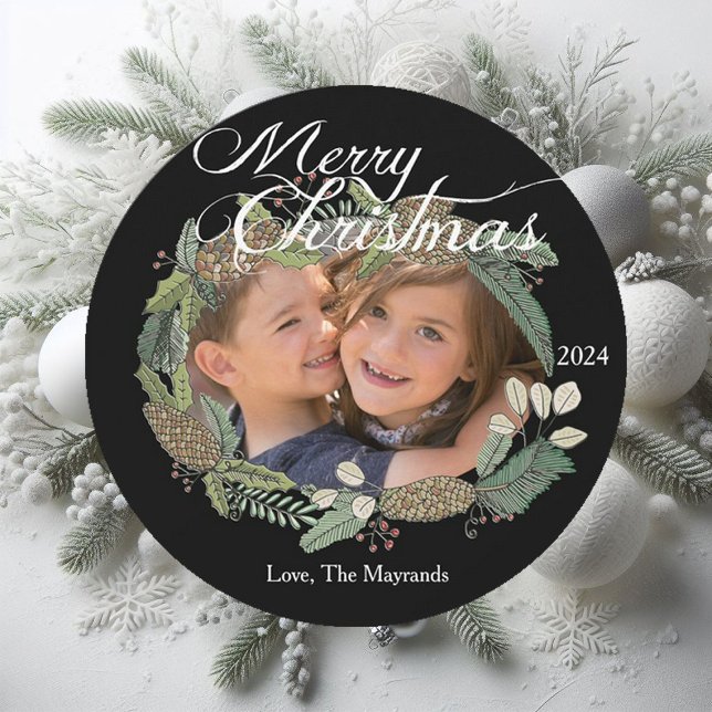 Merry Christmas Pine Cone and Greenery Photo Card (Creator Uploaded)