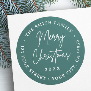 Merry Christmas pine green script return address Classic Round Sticker