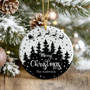 Merry Christmas Pine Santa Claus Reindeer Sleigh Ceramic Tree Decoration