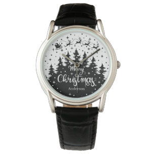 Merry Christmas Pine Santa Claus Reindeer Sleigh Watch