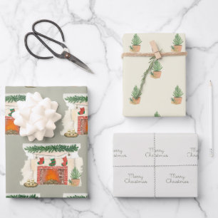 Merry Christmas Pine Tree and Cosy Fireplace Wrapping Paper Sheet