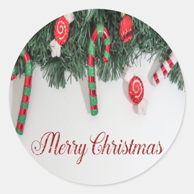 Merry Christmas,Pine Tree,Candy Cane Classic Round Sticker (Front)