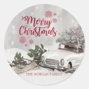 Merry Christmas,Pine Tree,Car,Holly Berries Classic Round Sticker