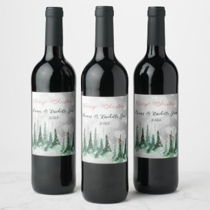 Merry Christmas Pine Tree Forest Cardinal Birds  Wine Label