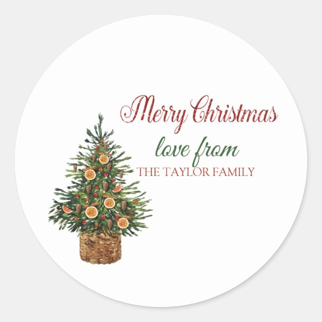 Merry Christmas,Pine Tree Orange Classic Round Sticker (Front)