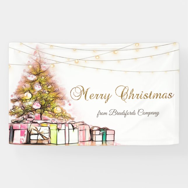 Merry Christmas,Pine Tree Presents, String Lights  Banner (Horizontal)