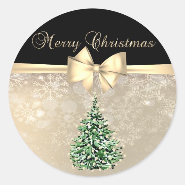 Merry Christmas,Pine Tree, Snowflakes,Gold Bow Classic Round Sticker (Front)