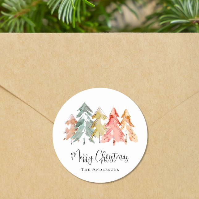 Merry Christmas Pine Tree Watercolor Classic Round Sticker (Creator Uploaded)