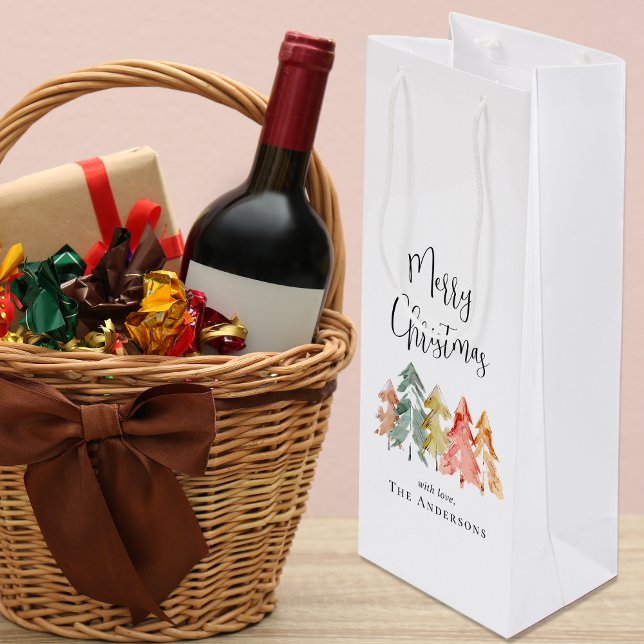 Merry Christmas Pine Tree Watercolor Holiday Wine Gift Bag (Creator Uploaded)