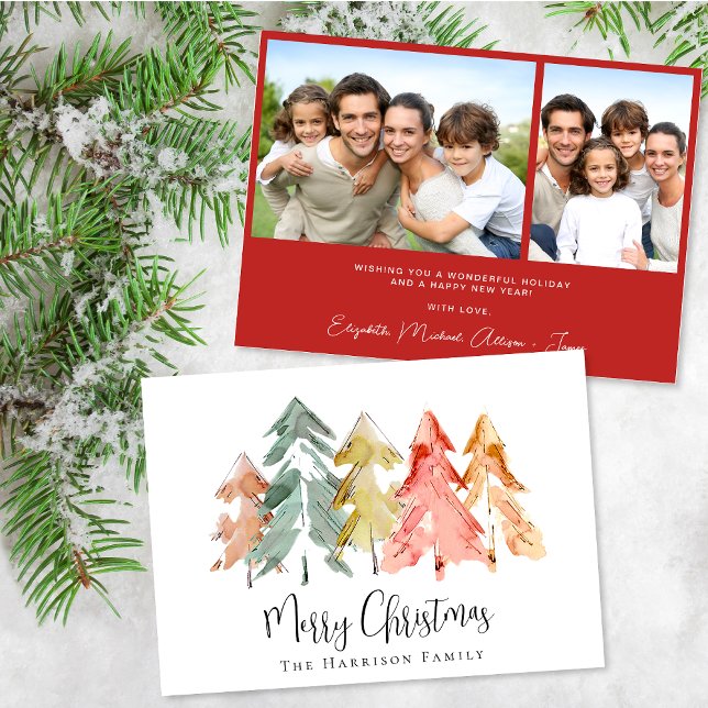 Merry Christmas Pine Tree Watercolor Photo Holiday Card (Share the love and warmth of the holiday season with this personalized photo Christmas card)