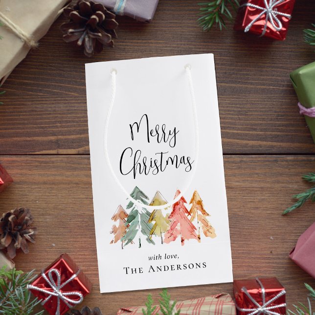 Merry Christmas Pine Tree Watercolor Small Gift Bag (Creator Uploaded)