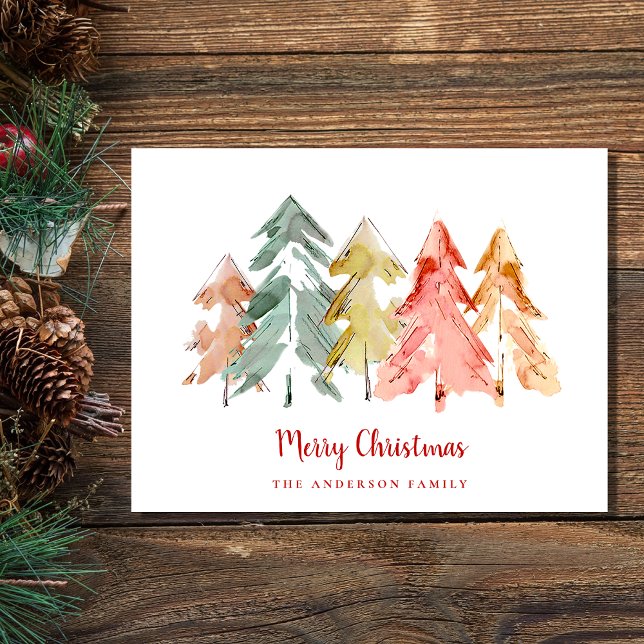 Merry Christmas Pine Trees Abstract Watercolor Holiday Postcard (Spread the love and joy of the season with your friends and family near and far)