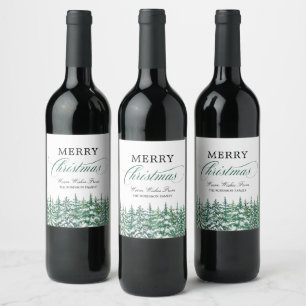 Merry Christmas Pine Trees Elegant Script Wine Label