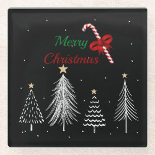 Merry Christmas Pine Trees Glass Coaster