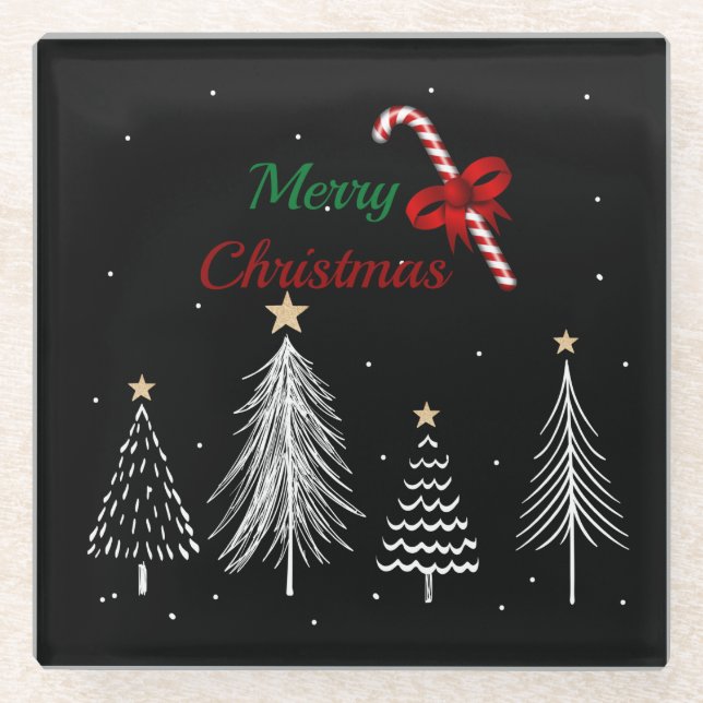 Merry Christmas Pine Trees Glass Coaster (Front)