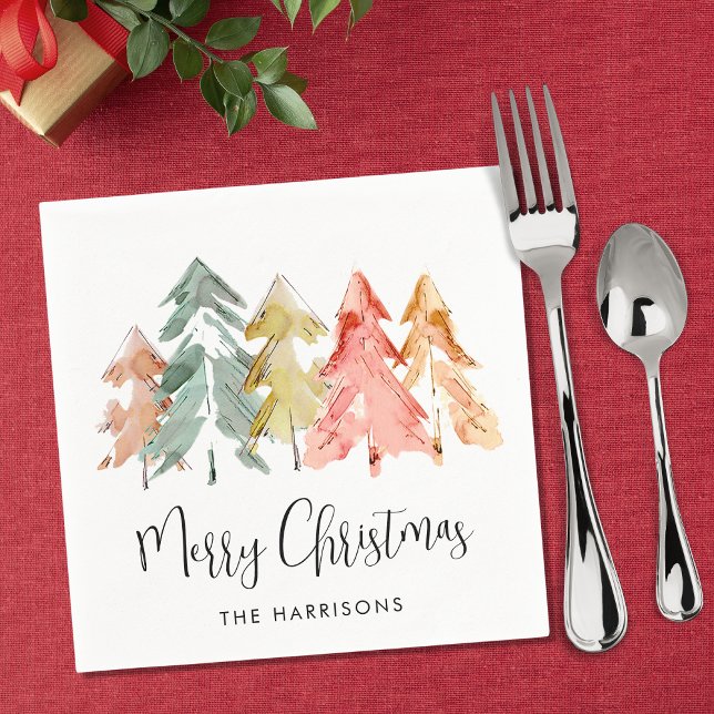 Merry Christmas Pine Trees Watercolor Holiday Napkin (Creator Uploaded)