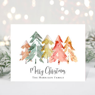 Merry Christmas Pine Trees Watercolor Photo Holiday Postcard