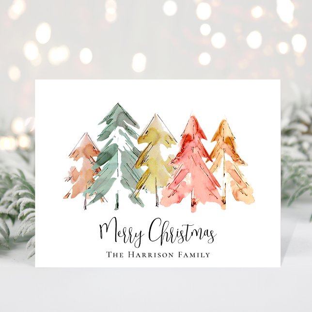 Merry Christmas Pine Trees Watercolor Photo Holiday Postcard (Creator Uploaded)
