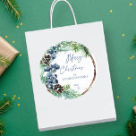 Merry Christmas pine wreath blue winter berries  Classic Round Sticker<br><div class="desc">Merry Christmas pine wreath blue winter berries  gift stickers snowflakes snowy pines watercolor template Christmas stickers</div>